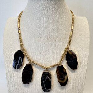 Chunky Agate Stone Necklace Gold-Tone Large Statement Black